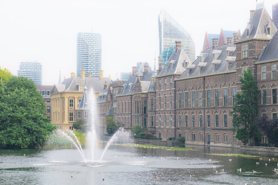 Building Facades and Pond with Fountain